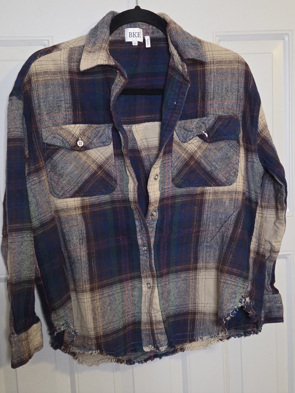 BKE - Plaid Button-Down Shirt in Navy and Cream with Subtle Red Accents